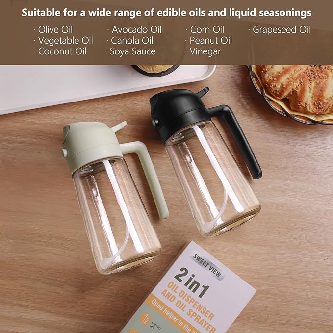 Oil Sprayer for Cooking, 16oz/470ml 2 In 1 Glass Olive Oil Sprayr & pourer for Kitchen, Air Fryer, Cooking, Salad, BBQ (Yellow)