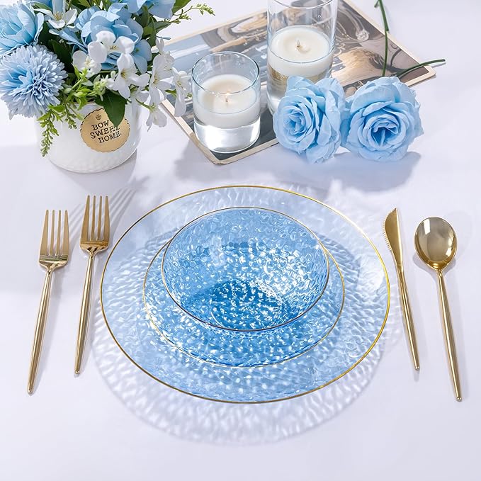 I00000 30 Pack 12 Ounce Blue Plastic Bowls Hammered Clear Bowl with Gold Rimmed, Heavy Duty Disposable Bowl Set,Elegant Small Bowls for Party, Weddings, Catering