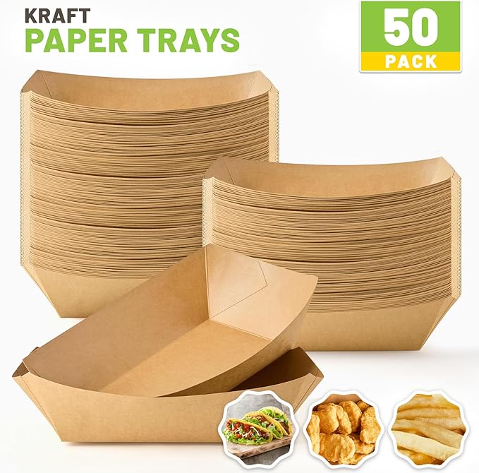 5 LB Extra Large Paper Food Trays, 50 Pack Disposable Nacho Trays Kraft Paper Food Boats Party Serving Baskets for Sandwiches Burgers Popcorns Snacks