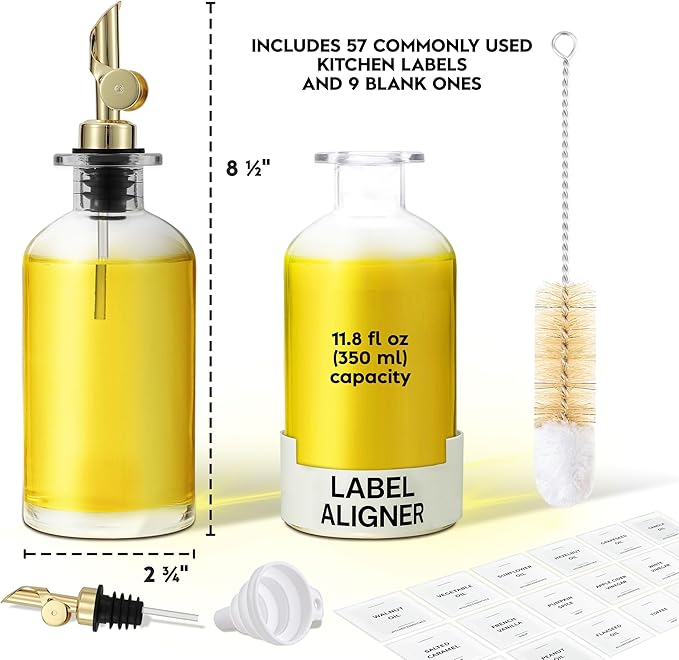 Oil Dispenser for Kitchen - Glass Olive Oil Bottle Set of 2 (11.8oz) with Gold Weighted Self-Closing Pourer - Cooking Oil Dispenser with 66 Labels, Aligner & Funnel