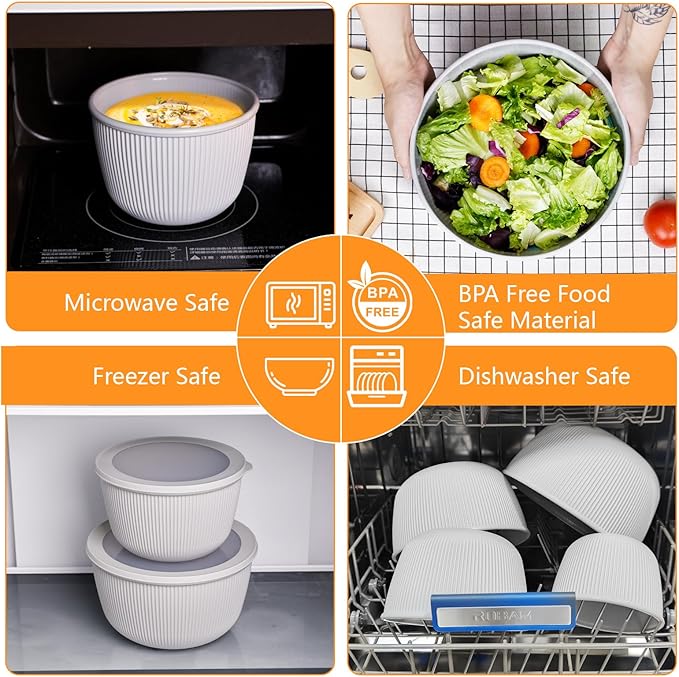 BoxedHome Nesting Plastic Mixing Bowls, BPA-Free Plastic, Microwave and Dishwasher Safe, Set of 4, 1.27/2.22/3.38/4.76quart, Grey
