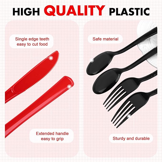 Kochorie 300 Pcs Black and Red Graduation Plastic Silverware, Disposable Plastic Utensils, Heavy Duty Cutlery Set Heavyweight Congrats Grad Flatware, Spoons Forks Knifes for Graduation Party Supplies