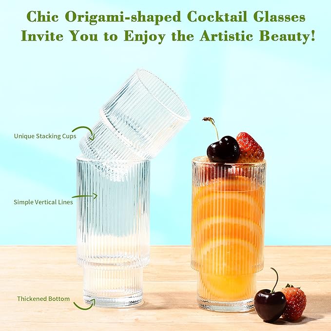 Small Ribbed Glassware Set of 12, Glass Cups 12 oz and 7 oz, Fluted Glassware, Stackable Glasses, Cups for Kitchen, Gift Box Set
