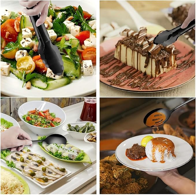Serving Utensils, XEVOM 6-Piece Stainless Steel Serving Utensil Set Include Serving Spoon, Slotted Serving Spoon, Serving Fork,Serving Tong, Appetizers Tong,Pie Server(Black)