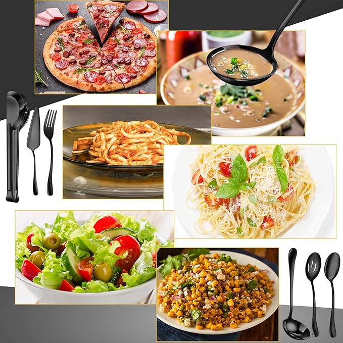 Thenshop 30 Pcs Stainless Steel Serving Utensils Set Flatware Set Include Large Serving Spoons Slotted Spoons Forks Soup Ladle Pie Server and Tongs for Buffet Party(Black)