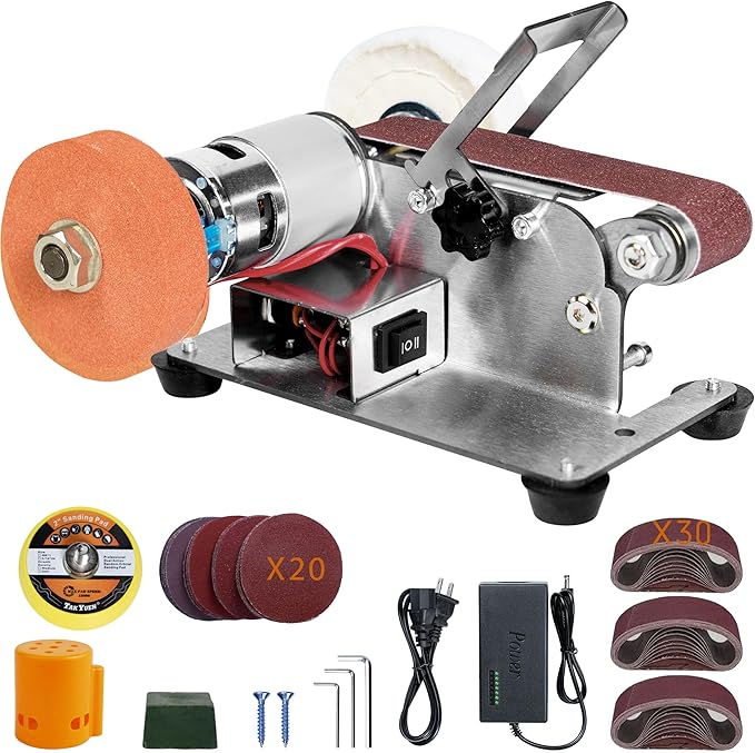 Mini Belt Sander, Electric Small Sander Knife Making Supplies, 7 Adjustable Speed Electric Knife Sharpener, Power Belt Grinder for Woodworking, Metal Working DIY (6.5'' x 6.5'' x 4.2'')