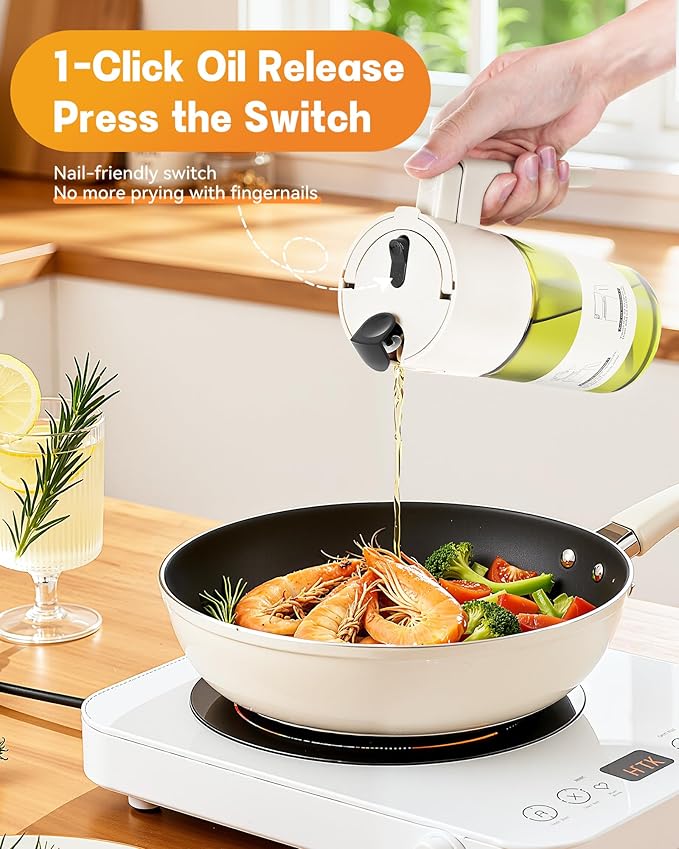 Upgrade 2 in 1 Oil Sprayer for Cooking, 17oz Light-Blocking Glass Olive Oil Dispenser Bottle for Kitchen,Food-Grade Oil Mister with 8 Stickers for Salad, Frying (Green Bottle-White Gap)