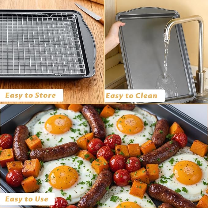 Baking Sheet with Cooling Racks - Carbon Steel Cookie Sheets for Baking [2 Sheets + 2 Racks], Nonstick Baking Pans, Perfect for Baking, Roasting, and More, Size 17 x 11 x 0.5 Inches