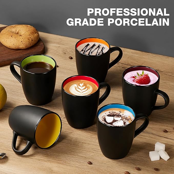 6 Pack Porcelain Coffee Mugs Set, 12 Ounces Ceramic Coffee Mugs, Matte Black Coffee Mug, Restaurant Cups for Coffee, Tea, Cappuccino, Cocoa, Cereal, Black outside and Colorful inside