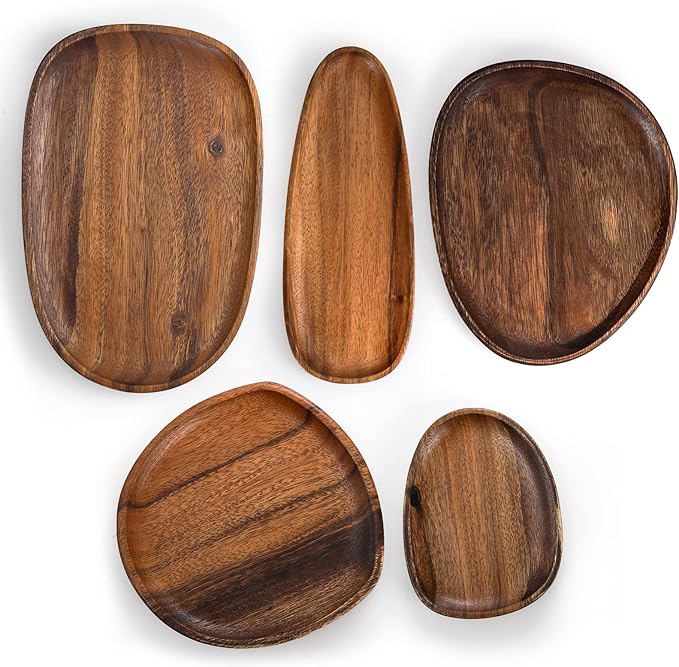 Okllen Set of 5 Acacia Wood Serving Platter and Trays, Irregular Oval Solid Wood Plates Serving Tray, Lightweight Wood Dinner Plates for Breakfast, Coffee, Tea, Snack, Plant, Housewarming Gift