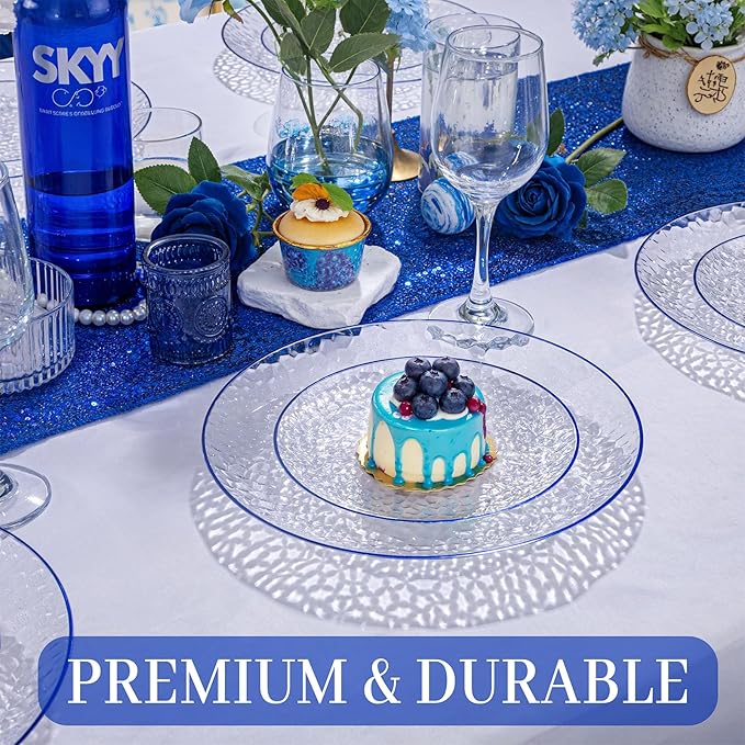 Rubtlamp 60Pcs Blue Easter Plastic Plates, Clear Disposable Plates With Blue Rim, Heavy Duty Party Plates, Hammered Fancy Plates Include 30 Dinner Plates, 30 Dessert Plates For St Patricks Day