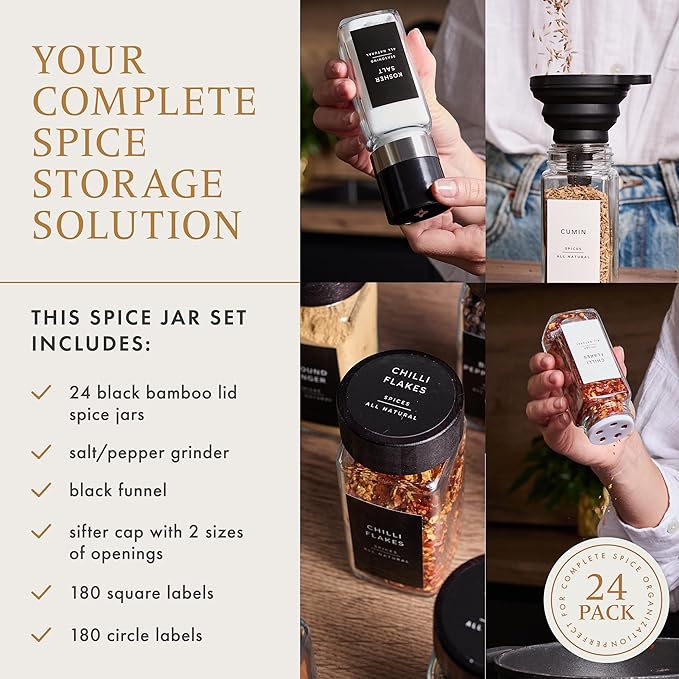 Glass Spice Jars with 360 Labels -24 pcs- 4oz- Spice Containers black Bamboo Lids -Shaker Lids- Pepper Grinder-Spice Organization for Cabinet-Drawer-Rack-Seasoning Organizer-Square bottles