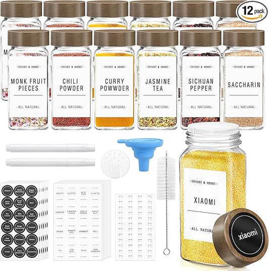 ZEHIQ 12Pcs Glass Spice Jars with Acacia Wood Lids, 4 oz Square Seasoning Containers with Labels, Seasoning Jars with Shaker Lids, Chalk Pen, Funnel, Cleaning Brush, Spice Bottles for Cabinet, Drawer