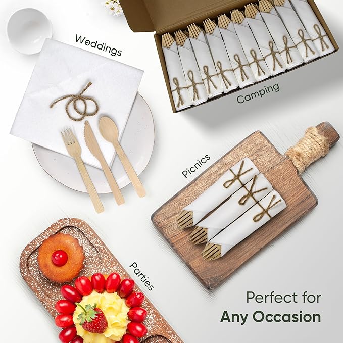 Premium Pre-Rolled Napkin and Bamboo Cutlery Set (50 Pack, 200 PCS) 100% Biodegradable, Eco-Friendly, Disposable Wrapped Cutlery - Includes Pre-Wrapped Bamboo Forks, Knives, Spoons, & Napkins