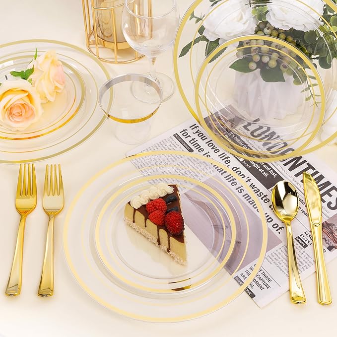 BESTSTAR 100PCS Clear Plastic Plates for Party, 10.25 Inch Disposable Plates with Gold Rim, Heavy Duty Dinner Plates for Wedding and Birthday