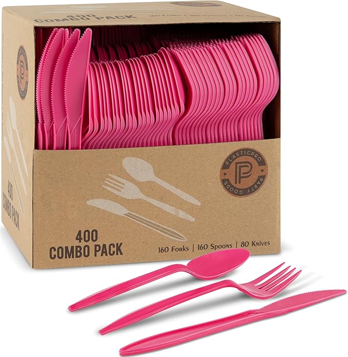 PLASTICPRO 400 Pack Disposable Plastic Utensils Assorted Colored Cutlery Combo Set Forks Spoons Knives Silverware, Pink Plastic Cutlery for Parties