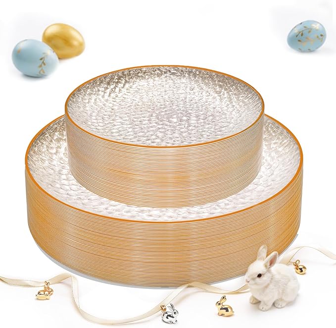 Rubtlamp 60PCS Plastic Orange Plates, Clear Disposable Plates With Orange Rim, Heavy Duty Hammered Plate, Easter Party Platos Include 30Orange Dinner Platos,30Clear Dessert Plate for Spring