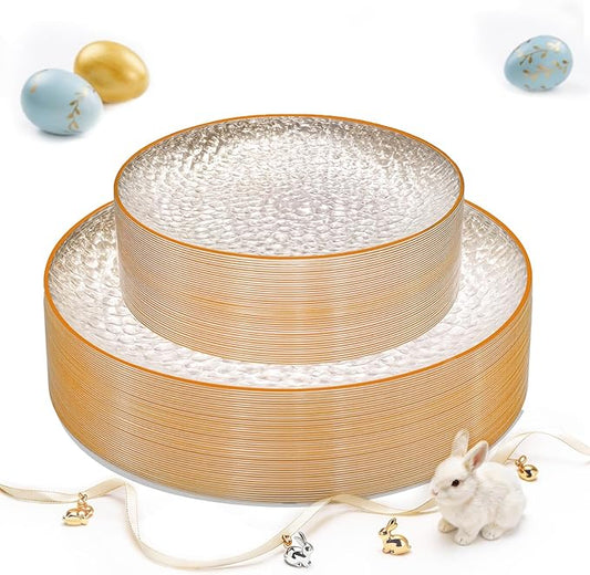 Rubtlamp 60PCS Plastic Orange Plates, Clear Disposable Plates With Orange Rim, Heavy Duty Hammered Plate, Easter Party Platos Include 30Orange Dinner Platos,30Clear Dessert Plate for Spring