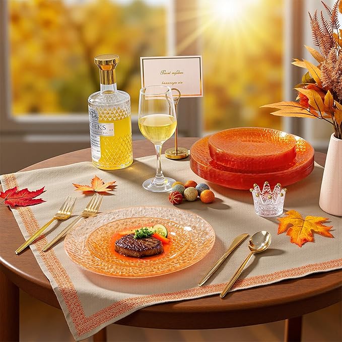 Rubtlamp 60Pcs Orange Plastic Plates, Orange Plastic Disposable Plates With Hammered Design, Party Platos Fancy Disposable Platos Include 30Dinner Plate,30Desssert Plate For Spring Easter