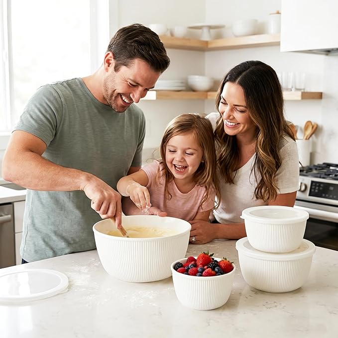 BoxedHome Mixing Bowls with Lids Set, 4 Packs BPA-Free Plastic Prep Bowls for Kitchen, Dishwasher & Microwave Safe, Large Capacity, Beige