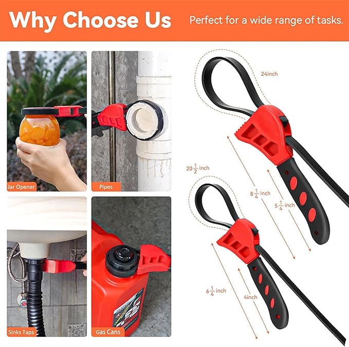 2-Pack Adjustable Rubber Strap Wrench Set – 25.20" & 20.48" Heavy-Duty Strap Wrench for Oil Filter, Jar Opener, Water Filter, Plumbing, Sink, Faucet – Non-Slip Multipurpose Wrench Tool (Red)