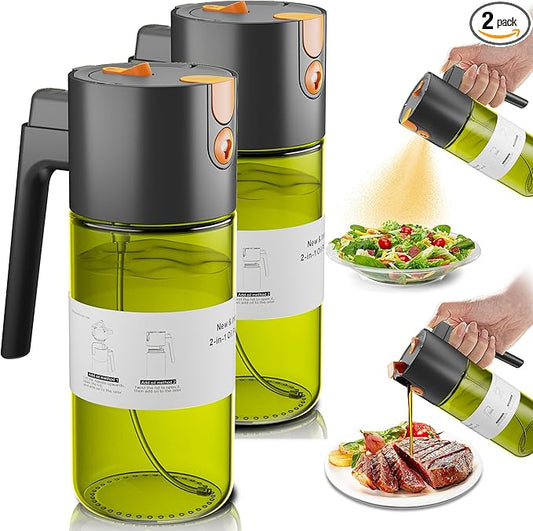 Upgrade 2 in 1 Oil Sprayer for Cooking, 17oz Light-Blocking Glass Olive Oil Dispenser Bottle for Kitchen,Food-Grade Oil Mister with 8 Stickers(2PCS)