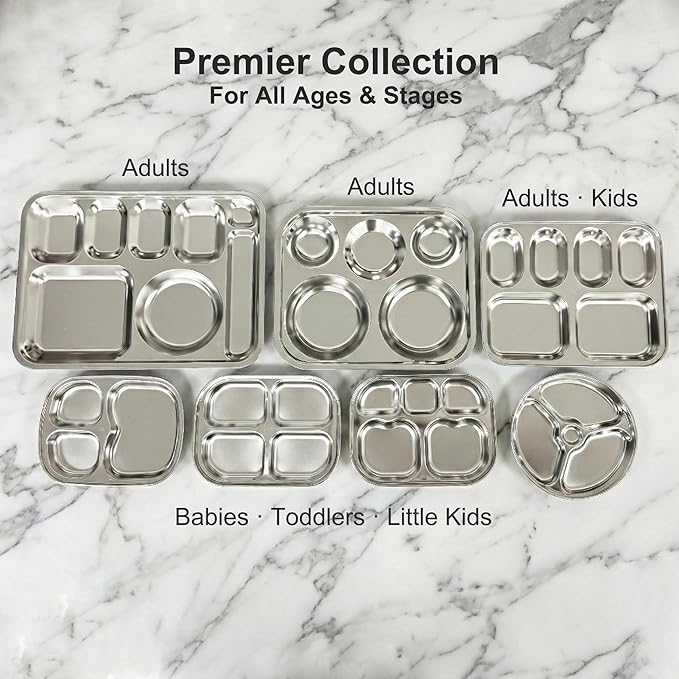 Korean Stainless Steel Divided Plates for Adults, Teens, Premium 304, Electro-Polished, No Black Residue, BPA-Free, Large 5-Compartment Food Tray, Diet Portion Control, Camping, Set of 2