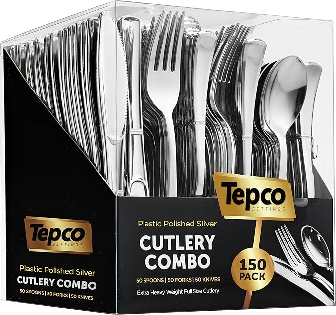 150 Silver Plastic Silverware Set - Disposable Flatware Cutlery - 50 Forks, 50 Spoons, 50 Knives - Heavy Duty Party Bulk