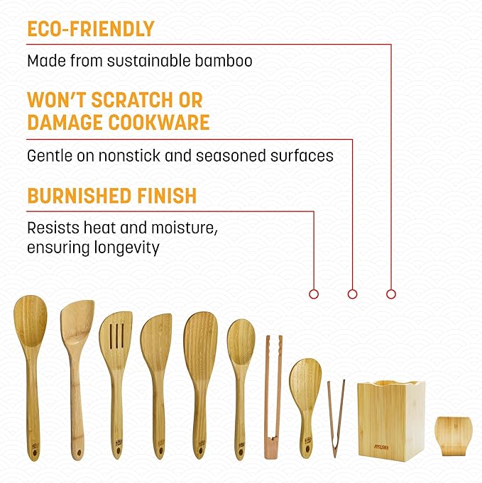 Joyce Chen 11-Piece Burnished Bamboo Cooking Utensil Set with Holder & Spoon Rest, Nonstick-Safe Spoons, Spatulas & Tongs