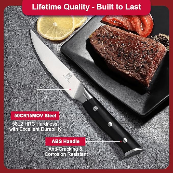 Steak Knives,4.5 Inch Steak Knives Set of 8, Micro-Cutting Point Serrated Edge, Very Sharp Steak Knife, Dishwasher Safe, 50CR15MOV Stainless Steel, Handle Ergonomic And Full Tang Design With Gift Box