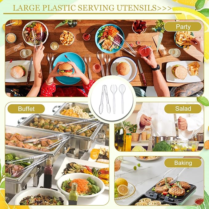 Mwellewm 18Pcs Serving Utensils, 10'' Plastic Serving Utensils Set, Large Disposable Serving Spoons for Buffet, Tongs for Serving Food, Party Supplies for Salad Soup Noodles Dinner Catering(Clear)