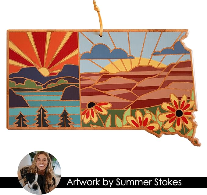 Totally Bamboo South Dakota State Shaped Cutting Board and Charcuterie Serving Platter with Artwork by Summer Stokes, Includes Hang Tie for Wall Display
