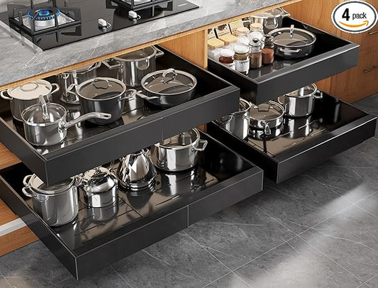 4 Pack Expandable (15.1"-26.3") Pull Out Cabinet Organizer 21" Deep With Raising Pad for Framed Cabinets,Upgrade 3 Slide Rails Slide Out Drawers,No Drill Roll Out Shelves Adhesive,Black