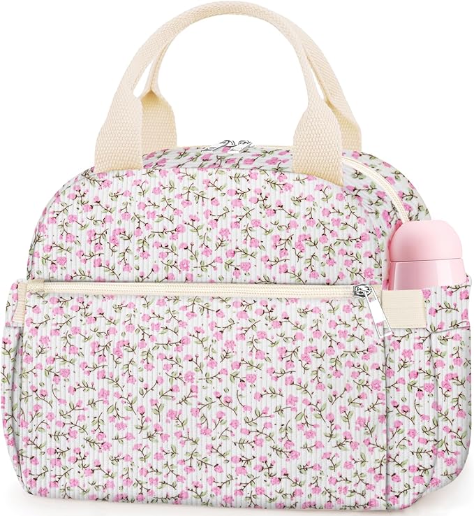 Lunch Box for Women, Cute Flower Corduroy Insulated Lunch Bag Women Reusable Work Leakproof Simple Adults Large Lunch Boxes Tote Bag Men Cooler Bag