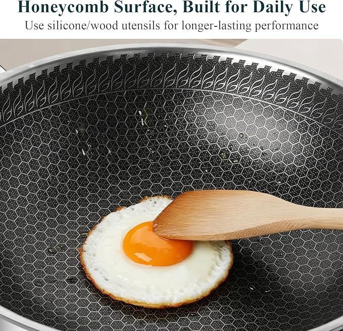 12 Inch Stainless Steel Honeycomb Wok with Standing Lid, Flat Bottom Stir Fry Pan, PFOA-Free Physical Nonstick, Induction Compatible & Dishwasher Safe Wok