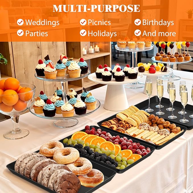 8-Pack Serving Tray Set, Reusable Plastic Serving Platter for Party Supplies, Entertaining, Grilling Accessories, Stackable Kitchen Snack Container for Dessert, Fruit, Cookie, (Black)