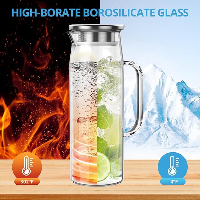 3 Sets Glass Pitcher with Lid, 50 oz / 1500 ml Water Carafe with Handles Hot Cold Beverage Water Jar Glass Jug (Stainless steel lid)