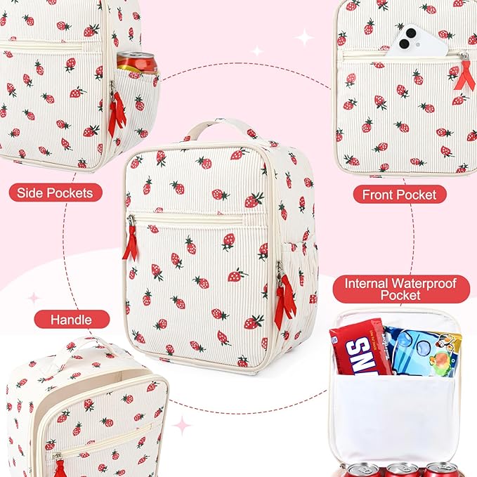 Aileam Lunch Box Lunch Bag for Women Cute Girls Insulated Womens Lunch Bag For Work Quilted Large Capacity Reusable Insulated Cooler for Work School Picnic Travel Strawberry Beige