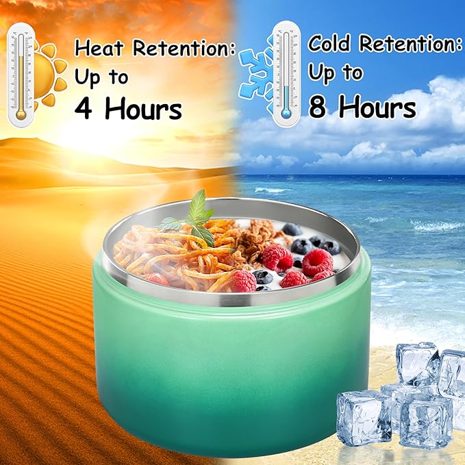 12oz Insulated Vacuum Food Jar with Buckle Lid Wide Mouth Soup Thermo for Hot Food Kids Leakproof Stainless Steel Lunch Container (Gradient Green, 12OZ)