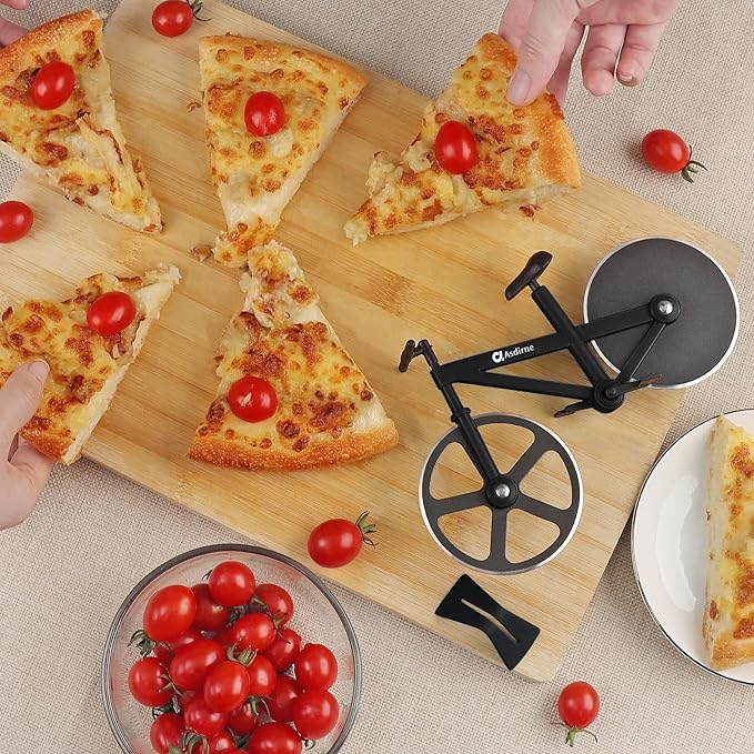 Pizza Cutter, Bicycle Pizza Cutter Wheel with Non-Stick Stainless Steel Super Sharp Blades, Novelty Gift, 7.5", Black