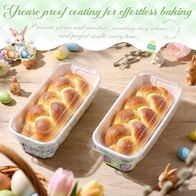 LemonRoad 100 Pcs Easter Mini Loaf Pans with Lids 6.3 x 2.2 x 2.2 Inch Disposable Paper Baking Pans Bulk, Easter Baby Shower Baking Party Supplies for Cake Bread Oven Bakery