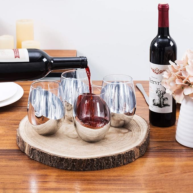 MyGift Premium Silver Stemless Wine Glasses Gift Set of 4 Modern Metallic Barware with Elegant Accents, Perfect Wedding & Anniversary Present - Dishwasher Safe & Shatter Resistant
