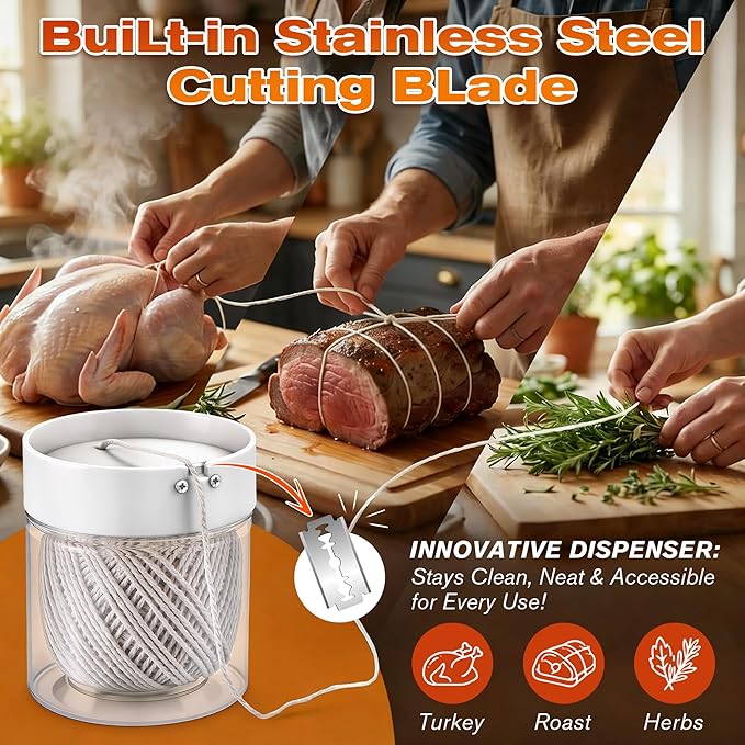 Kitchen Twine with Acrylic Twine Dispenser, 2 Pack 216FT Cooking Twines (2MM Natural Cotton), Food Safe Butchers Twines for Meat Cooking, Baking, Crafts, Gift Wrapping & Kitchen String Storage