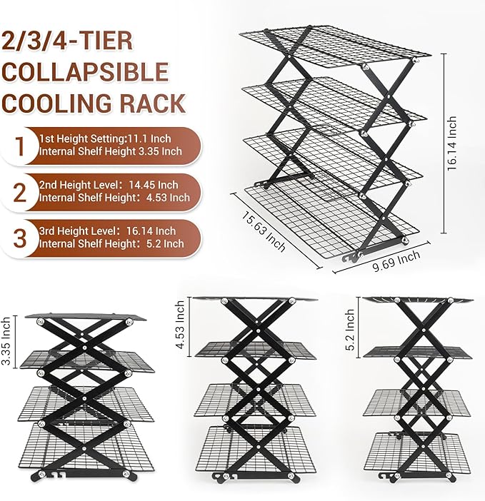 4-Tier Collapsible Cooling Rack - Adjustable Stackable Cooling Rack for Cooking and Baking, 16" x 10" Cookie Cooling Rack, Drying Rack - Black