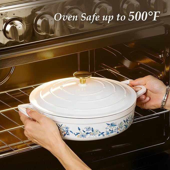 CAROTE 3.5QT Shallow Dutch Oven, Enameled Flora Cast Iron Braiser Pan Casserole Skillets with Lid, Versatile Heavy-Duty Cookware for Sourdough Bread Baking, Braising, Stews, Roasting, All Stovetop Compatible, Oven Safe up to 500° F, White & Blue