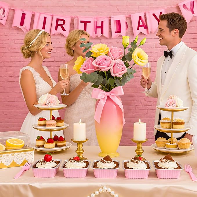 60 Pack Mini Cake Pans with Lids Foil Pans Square Aluminum Pans with Lids Cupcake Liners for Birthday Wedding Party Gift (Pink, 5 oz)