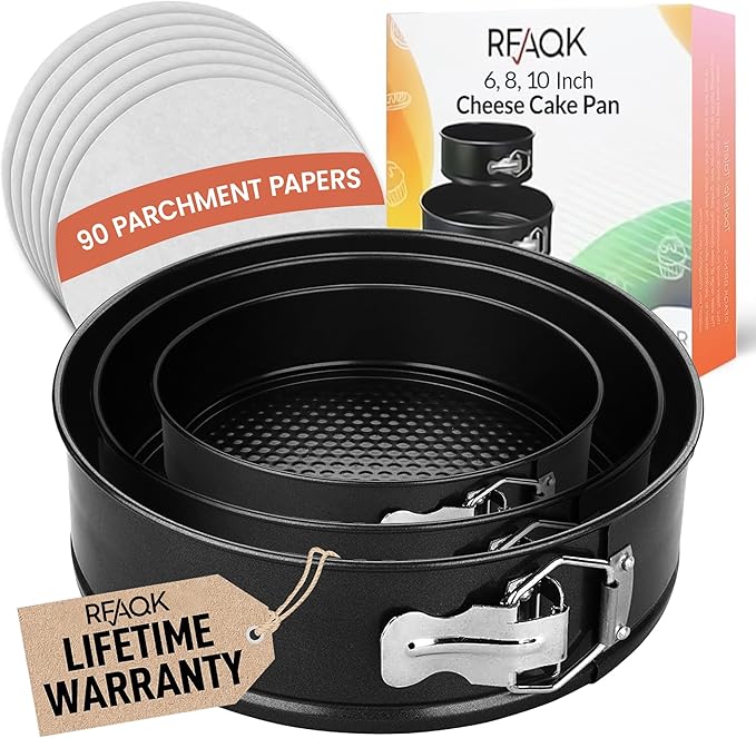 RFAQK Springform Pan Set of 3 - Non-Stick Leakproof Round Cake Pans (6", 8", 10") with 90 Pcs Parchment Paper Liners and Bonus Ebook - Perfect for Cheesecakes, Baking, and More!