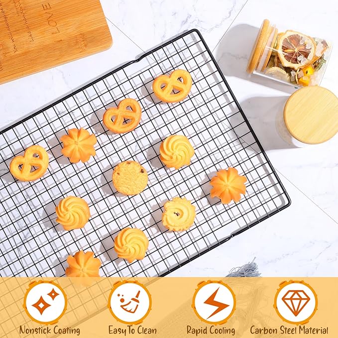 Harloon 12 Pack 16 x 9.8 Inches Nonstick Cooling Racks for Baking, Grid Wire Cookie Cooking Racks Oven Safe Carbon Steel Baking Rack Sheet Rack for Cookie Cake Grilling Drying Roasting (Black)