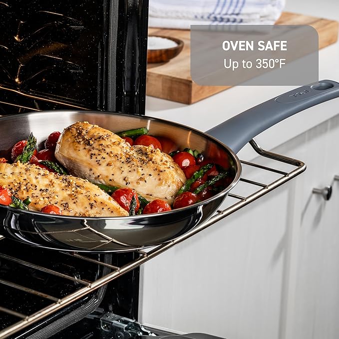 T-fal Essentials Stainless Steel Saute Pan with Lid 3.5 Quart, Induction Compatible, Oven Safe 350F, Perfect For Sautéing, Browning, & Simmering, Saucepan, Measuring Marks, Dishwasher Safe Silver/Blue