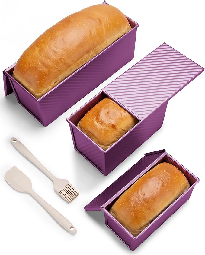 CARTMAN 3-Piece Pullman Loaf Pan with Lid Set – Non-Stick Carbon Steel Bread Pan with Bottom Vents – Includes Large (12.4"), Medium (8.2") & Mini (6.3") Sizes plus Silicone Tools – Plum Purple